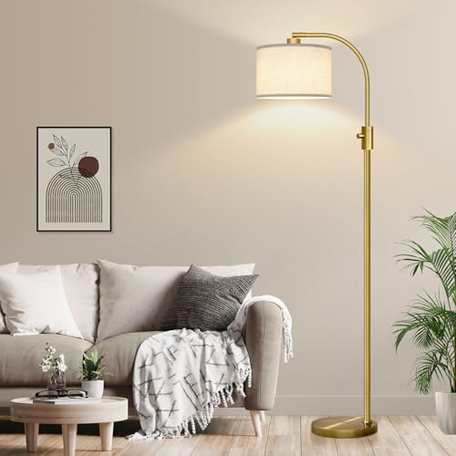 Nintiue Upgraded Modern Arc Dimmable Tall Standing Floor Lamp with Linen Shade, 1200 Lumens LED Bulb Included, for Living & Reading Room, Bedroom, Office & Nursery, Brass - color: Brass-Linen shade