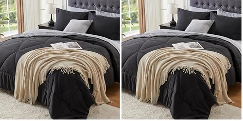 BEDELITE Queen Comforter Set 7 Pieces Bed in A Bag - Soft Microfiber Reversible Black Bed Set with Comforters, Sheets, Pillowcases & Shams, Cozy Luxury Bedding Sets for All Season (Pack of 2) - color: Black, size: Queen (Pack of 2)