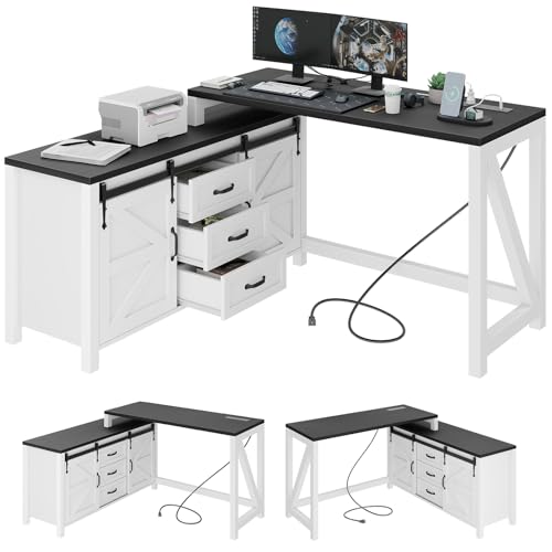 L Shaped Desk With Drawers, Farmhouse Executive Wood Home Office With Power Outlet, Rustic Reversible Computer With Storage Cabinet, Double Sliding Barn Door and Adjustable Shelves