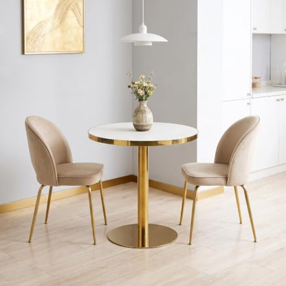 31.5" Round Dining Table, Glossy Sintered Stone Circle Tulip Table with Gold Pedestal, Modern Dining Room Table for Kitchen, Cafe, Living Room (White with Gold) - color: White With Gold