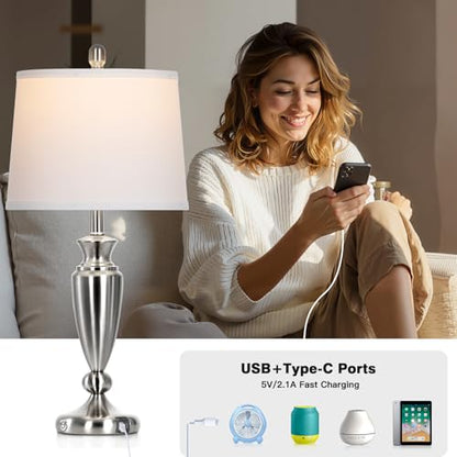 Rinweey 27" Silver Table Lamps for Living Room Single, 3 Way Touch Control Bedside Lamps with USB A+C Ports, Modern Brushed Nickel Bedroom Lamp, Metal Tall Lamp for Nightstand Desk Side Table Office - color: Silver-27"H-1PK