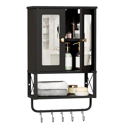 BEWISHOME Bathroom Medicine Cabinet Mirror with Towel Bar, Black | Wall Mounted Cabinet with Adjustable Shelf Hooks, Space-Saving Over-Toilet for Bathroom, Living Room, 7.1x15.4x24.4 Inches - color: Black