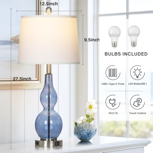 Rinweey 27.5" Coastal Blue Glass Double Gourd Table Lamp Set of 2,3-Way Dimmable Touch Control Bedside Lamps with USB Ports and AC Outlet, Nautical Nightstand Lamps for Bedroom Living Room - color: Blue