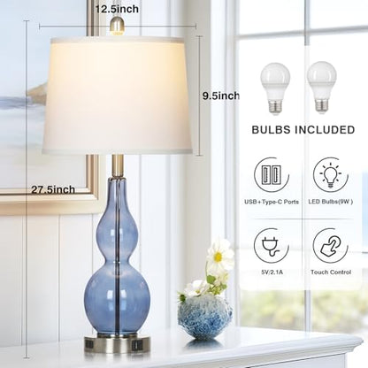 Rinweey 27.5" Coastal Blue Glass Double Gourd Table Lamp Set of 2,3-Way Dimmable Touch Control Bedside Lamps with USB Ports and AC Outlet, Nautical Nightstand Lamps for Bedroom Living Room - color: Blue