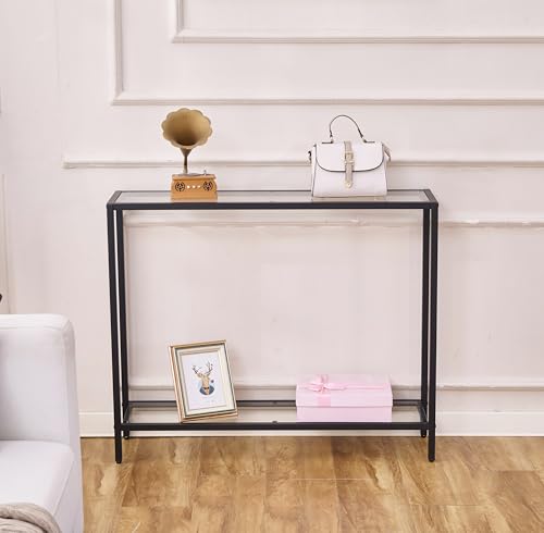 Small Modern Console Table for Entryway, Tempered Glass with Metal Frame Sofa Table for Living Room, Hallway, Office (Double-Layer, Black) - color: Black, style: Double-layer