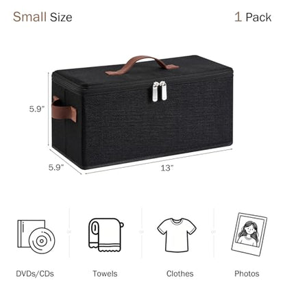 Storage Bins DVD Boxes CD Case Holder Basket with Zippered Lids | Cotton Linen Fabric Container, Decorative Foldable Stackable Washable Shelf Closet Organizer, PU Leather Handles, Black-Small - size: Small ( Pack of 1 )