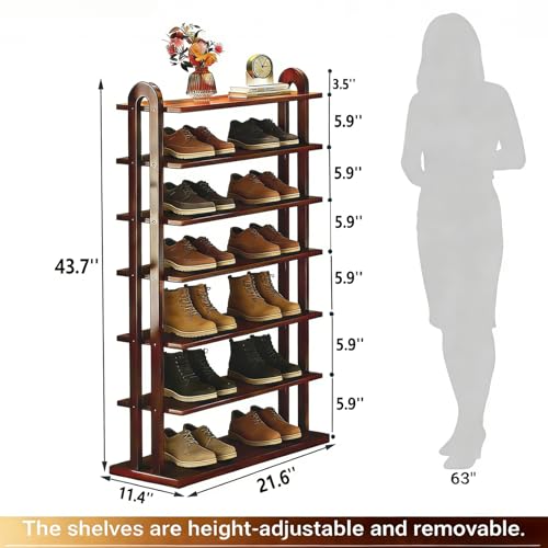 43.7" Wooden Shoe Rack - Vertical Shoe Organizer Rack for Small Space, Narrow Shoe Tower for Closet, Entryway, Corner, Tall Shoe Shelf with Removable Shelves, Flexible Storage Shelf for Saving Space - color: Walnut Color-wood