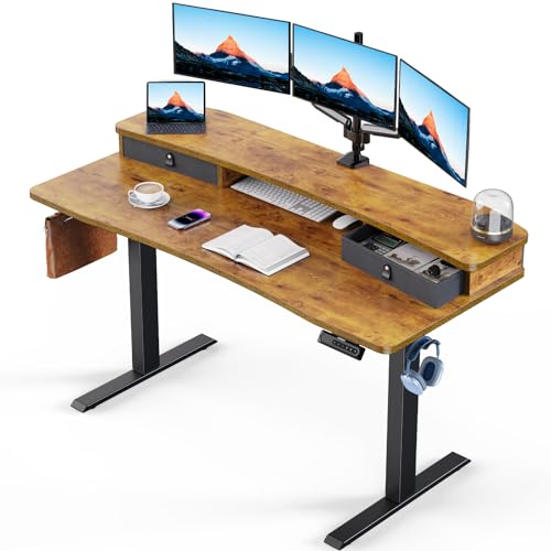 HUANUO 55″ x 26″ Electric Standing Desk with 2 Drawers, C-Clamp Mount Compatible, Height Adjustable Computer Desk, Home Office Stand Up Desk with 4 Preset Heights & 2 Hooks, Vintage Brown - color: Vintage Brown, size: 55" X 26"