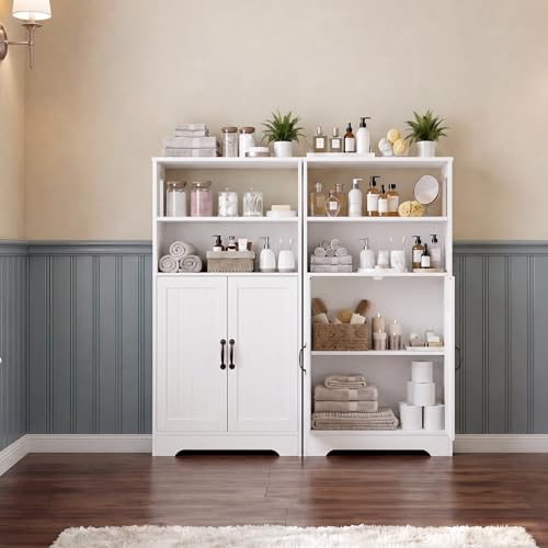 GRUSIGN 43.3" H Bathroom Storage Cabinet with Doors, Freestanding Small Bathroom Cabinet Organizer, Farmhouse Cupboard, Adjustable Shelves, for Laundry Room, Kitchen, Living Room, White - size: 43"H with Door