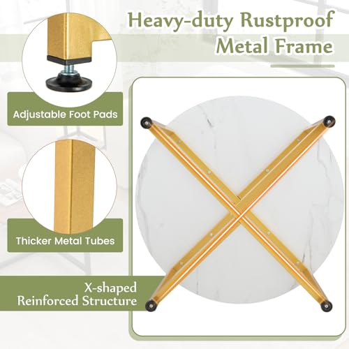COSTWAY Coffee Table Set of 3, Round Faux Marble Coffee Table and 2 Square End Side Tables with Metal Frame, Modern 3-Piece Living Room Tables Set for Small Space, Apartment (White & Gold) - color: White & Gold