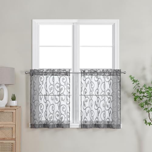 Furman Sheer Curtains Tiers 24 Inch Length 2 Panels Set, Geometric Jacquard Clip Short Voile Grey Curtains for Kitchen/Living Room/Basement Window Curtains, Dual Rod Pocket, 28Wx24L inch - color: Charcoal Gray, size: 28"W x 24"L (Pack of 2)