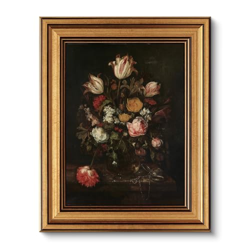 VIYYIEA Vintage Gold Framed Floral Wall art, Dark Rose Academia Moody Traditional Decor, Aesthetic Classical Roses and Tulips Baroque Still Life Pictures for Bedroom Living Room, 8x10inch - color: Baroque Still Life, size: 10"L x 8"W