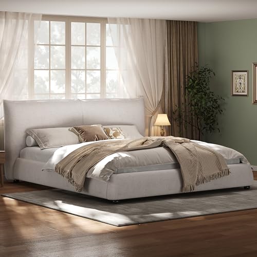 DNYN Upholstered Platform Bed Frame with Thick Pillow-Back Headboard | Linen Fabric Bed| Low-profile Design| No Box Spring Needed| Wooden Slats Support| Easy Assemble| King Size - size: King