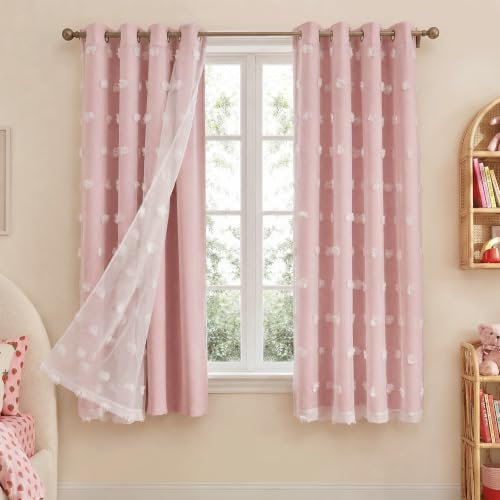 NICETOWN Crystal Pink Pom Pom Curtains for Nursery, Room Darkening Double Layer Sheer Drapes for Girls Room Decor, Grommet Thermal Insulated Window Treatments, W52 x L63, 2 Panels - color: Crystal Pink, size: 52"W x 63"L (Pack of 2)