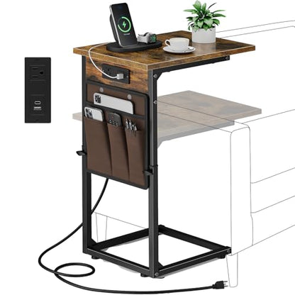 C Shaped End Table with Charging Station, Adjustable Height Side Table for Couch, Small Sofa Table with Storage Bag, Slide Under Sofa TV Tray Snack Arm Tables for Living Room, Bedroom, Brown - color: Rustic Brown, style: With Plug