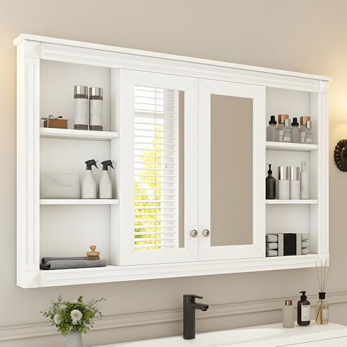 Merax Bathroom Medicine Cabinet with Mirror Door & Adjustable Shelf | 48" x 28" Wall Mounted Bathroom Storage Cabinet with Mirror, Over the Toilet - color: White, size: 48"
