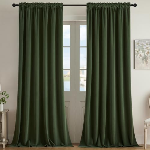 Joydeco Olive Green Velvet Curtains 72 inch Length 2 Panels, Luxury Blackout Rod Pocket Thermal Insulated Window Curtains, Super Soft Room Darkening Drapes for Living Room Bedroom,W52 x L72 inches - color: Rod Pocket | Dark Olive Green, size: 52"W x 72"L