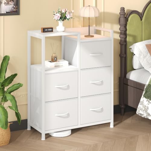 OLIXIS Fabric Dresser, 5 Drawer White Storage Tower with Open Shelf | Fabric Storage Dresser Features 5 Drawers, Open Shelf and Side Cabinet, Organizer for Bedroom, Closet, Hallway & Entryway - color: Pure White