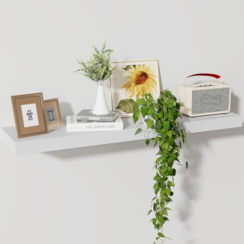Floating Shelves, 8 Inch Deep Rustic Solid Wood Wall Shelves for Storage, Wall Mounted Display Shelving with Invisible Heavy-Duty Metal Bracket, 36" W x 8" D x 1.6" H, Distressed White - color: Distressed White, size: 36" W, 1-Pack