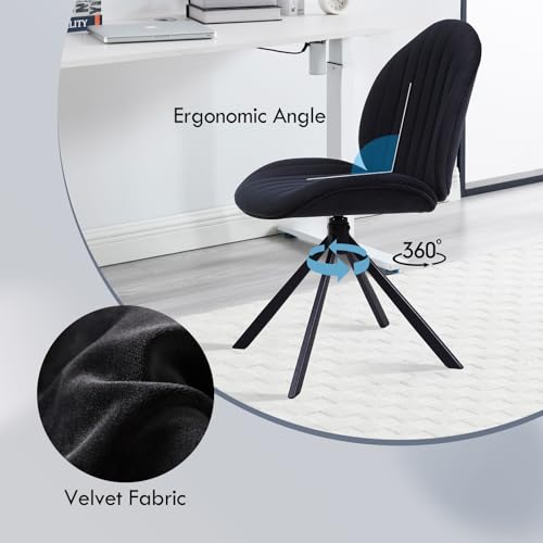 Velvet Swivel Office Chair No Wheels, Small Comfy Mid Century Armless Desk Chair, Cute Swivel Vanity Chair No Wheels for Small Spaces, Bedroom,Living Room,Home Office, Black - color: Black-velvet