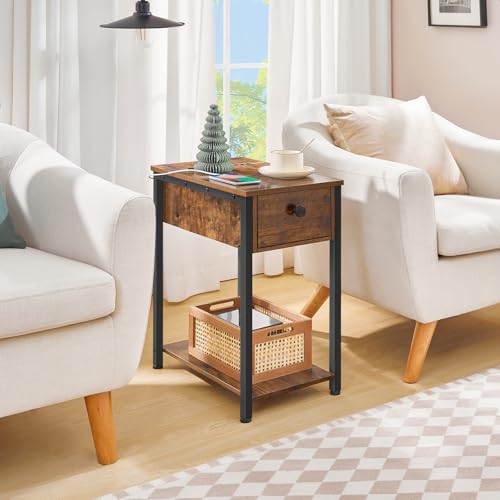 HOOBRO End Table with Charging Station, Narrow Side Table, Small Nightstand, Bedside Tables with Drawer and Storage Shelves, for Small Spaces, Living Room, Bedroom, Rustic Brown and Black BF041BZ01G1 - color: Rustic Brown+black