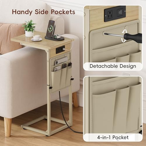 C Shaped End Table with Charging Station, Adjustable Height C Table End Table, Small Side Table for Couch, Couch Table Slide Under Sofa Table TV Tray Arm Table for Living Room,Bedroom,Natural - color: Natural Walnut, style: With Plug