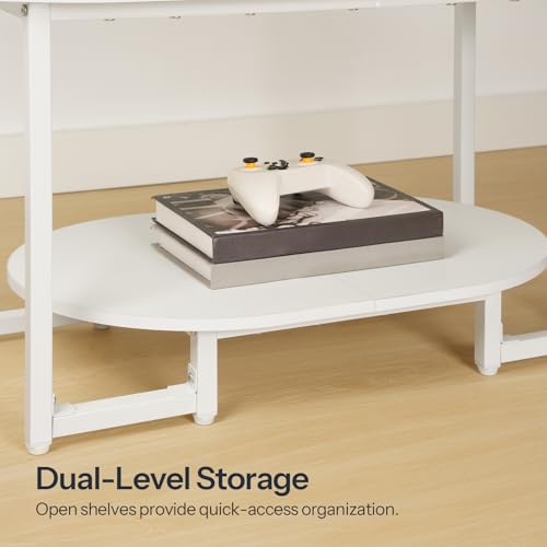 HOOBRO Coffee Table for Living Room, Oval Small Coffee Table with 2-Tier Open Storage Shelf, Industrial Cocktail Tea Table, Wooden Desktop Center Table, Farmhouse, Home Office, White WW09KF01 - color: White