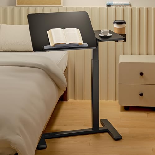 Overbed Bedside Table with Wheels, Pneumatic Adjustable Medical Tilt Top Hospital Bed Table Over The Bed, Rolling Laptop Desk, Mobile Standing Desk for Hospital and Home Use, Black - color: Pure Black