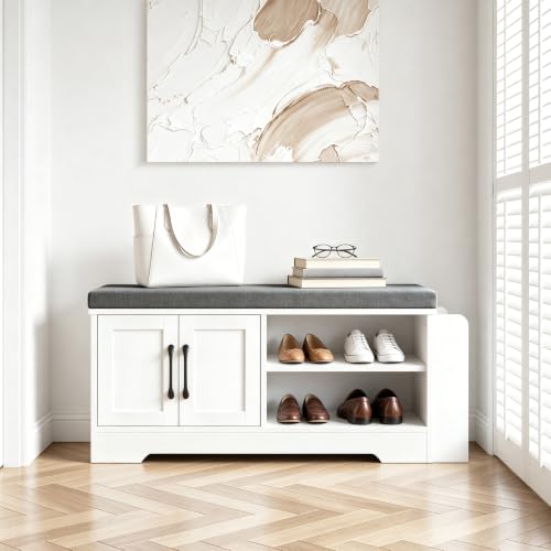 Farmhouse Shoe Storage Bench with 3-in-1 Entryway Storage & Padded Seat | 39.6" Wide Entryway Bench with Adjustable Shelves, Shoe Organizer & Side Storage Rack for Living Room, Bedroom, White - size: 39.6" Wide