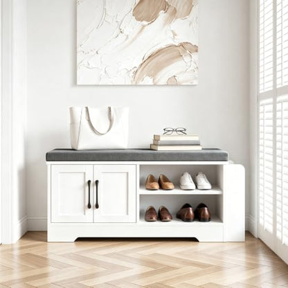 Farmhouse Shoe Storage Bench with 3-in-1 Entryway Storage & Padded Seat | 39.6" Wide Entryway Bench with Adjustable Shelves, Shoe Organizer & Side Storage Rack for Living Room, Bedroom, White - size: 39.6" Wide