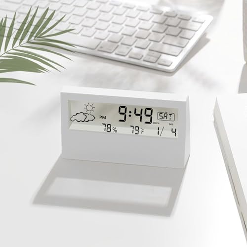 Digital Alarm Clock,Transparent Modern Design, Temperature, Humidity, Snooze, Aesthetic Home & Office Decor, Battery Operated Desk Clock for Office,Living Room,Shelf, Bedroom, White