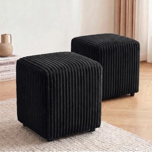 Modern Square Vanity Stool, Small Striped Pattern Ottoman, Cute Velvet Foot Stool, Tufted Fabric Footrest, Upholstered Vanity Chair, Stool for Makeup, Bedroom, Living Room (2, Square-Black) - color: Square-black