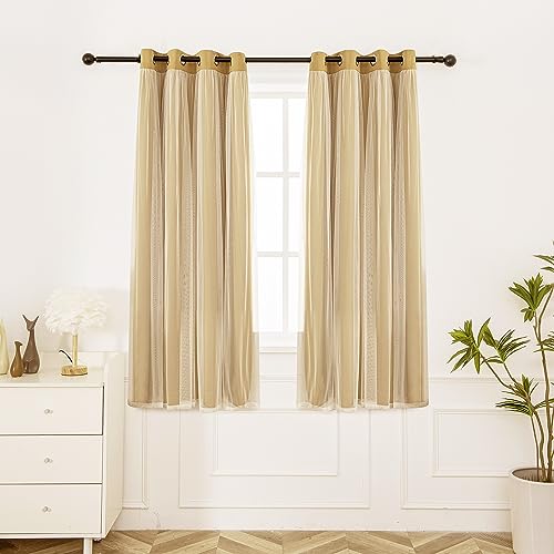 INLINAS Blackout Curtains with Sheer Overlay, Gold, 52x84 Inches | Grommet Top Double Layer Curtains for Bedroom and Living Room Thermal Reduction Light Blocking and Energy Saving, Set of 2 - color: Gold, size: 52"W x 84"L (Pack of 2)