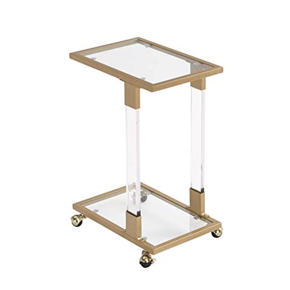 Clear Sofa Side Table C Shaped End Table with Wheels, Rolling Acrylic Bedside Laptop Snack Table TV Tray, Mobile Breakfast Tray Table with Tempered Glass Shelves and Clear Acrylic Frame - color: Acrylic Clear, Gold