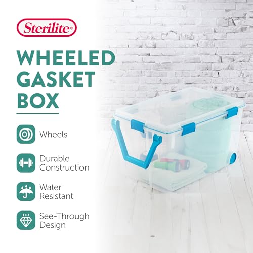 Sterilite 120 Qt Wheeled Gasket Box, Stackable Storage Bin with Latching Lid, Handle and Tight Seal, Plastic Container with Clear Base and Lid, 1-Pack