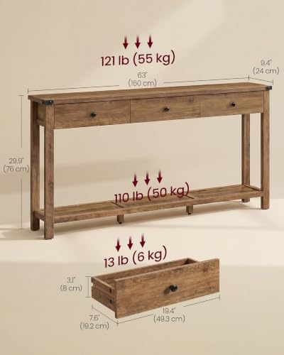 VASAGLE LIRY Collection 좁은 콘솔 테이블, 서랍 3개, 브라운 | 보관 선반이 있는 긴 소파 테이블, 24.1 x 160 x 73.9cm(9.4 x 63 x 29.9인치), 농가 스타일, 쉬운 조립, ULNT148K101 - color: 허니 브라운., size: 9.4"D x 63"W x 29.9"H