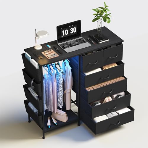 6 Drawer Dresser for Bedroom with Clothes Rack, Clothes Dresser with Side Pockets and Hooks, Charging Station & LED Lights, Wooden Top, Fabric Storage (Black) - color: Black
