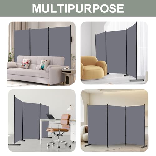 Room Divider 3 Panel Folding Privacy Screen, Round Pad Design Wall Divider | 71''Hx102''W, UV Protection Fabric, Wobble-free Metal Frame, Large 3 Panel Partition Room Dividers, Indoor Window Blackout - color: Dark Grey