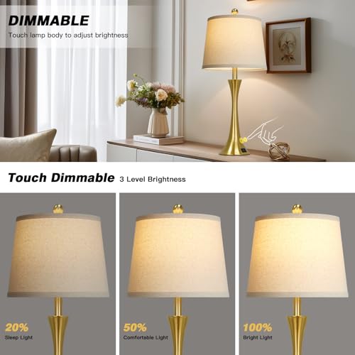 Rinweey 27.5" Gold Lamps for Living Room, Touch Control 3-Way Dimmable Bedside Nightstand Lamps Bedroom Lamp,Modern Gold Table Lamp with USB A+C Ports,Tall Lamps for Living Room End Table（1Pack） - color: Gold (1 Pack)