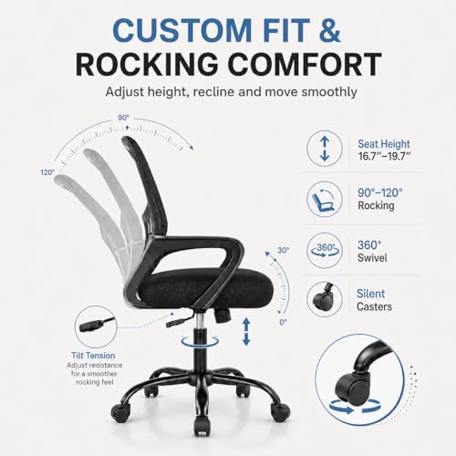 Ergonomic Office Chair, Home Office Desk Chair, Game Chair with Lumbar Support, Breathable Mesh Chairs, Swivel Desk Chairs for Computer, Home, Office, 360° Swivel (Blank) - color: Black With Fixed Armrest