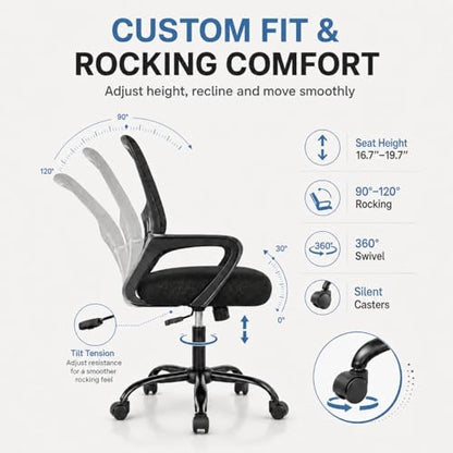 Ergonomic Office Chair, Home Office Desk Chair, Game Chair with Lumbar Support, Breathable Mesh Chairs, Swivel Desk Chairs for Computer, Home, Office, 360° Swivel (Blank) - color: Black With Fixed Armrest