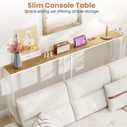 GIANTEX 71" Narrow Console Table with 2 Power Outlets and USB-C Ports | Sofa Table w/ Charging Station & Metal Frame, Skinny Behind Couch Tables, Long Entryway Tables for Living Room, Natural+White - color: Natural + White