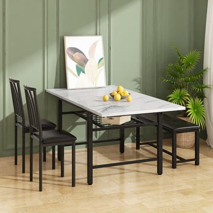 AWQM 4-Piece Faux Marble Drop Leaf Dining Table with Storage Rack, Space Saving Breakfast Nook Table Set with 2 Backrest Chairs and 1 Upholstered Bench, Kitchen Dining Table and Chairs Set for 2-4