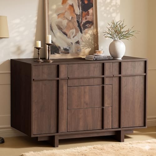 47.2" Buffet Cabinet with Storage, Skeleton Line Design, Walnut | Sideboard with Drawers, Mid Century Modern Accent Cabinet with Wood Gain, Console Cabinets for Living Dining Room Entryway - color: Walnut, size: 2 Door 3Drawer