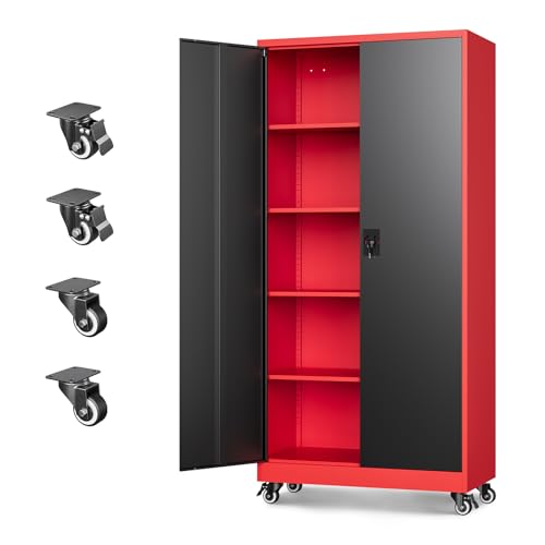 Metal Garage Storage Cabinets with Lock Door and Adjustable Shelves, Steel Tool Cabinets for Home,Office,Warehouse Organisieren (Black Red, 75" H) - color: Black Red, size: 16"D x 32"W x 74.41"H