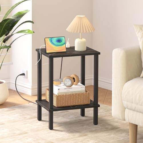 TUTOTAK End Table with Charging Station, Side Table Set of 2, Nightstand | 2-Tier Storage Shelf, Bedside Table with USB Ports, Sofa Table for Small Space, Livingroom, Bedroom Marble Black TB01BMK041 - color: Marble Black