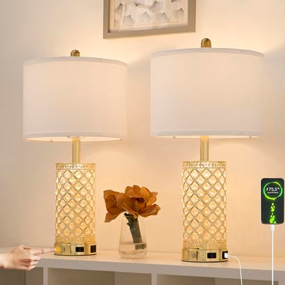 SAIWEYA 24in Crystal Table Lamp Set of 2 Bedroom Lamps for Night Stand | 3-Way Dimmable Touch with Night Ligh, 2 USB Ports + AC Outlet, White Fabric Shade, LED Bulb Included - color: Gold-2 Pack 24In