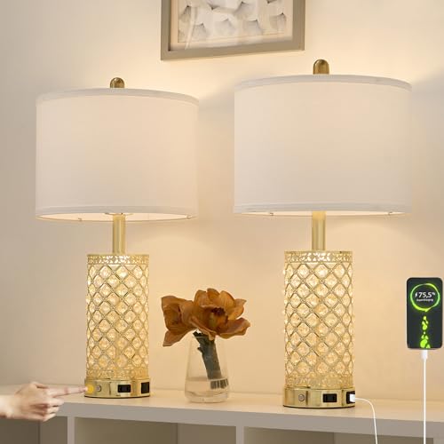 SAIWEYA 24in Crystal Table Lamp Set of 2 Bedroom Lamps for Night Stand | 3-Way Dimmable Touch with Night Ligh, 2 USB Ports + AC Outlet, White Fabric Shade, LED Bulb Included - color: Gold-2 Pack 24In
