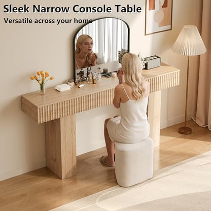 63-Inch Long Entryway Console Table with a Fluted Design, Thick Wood Farmhouse Sofa Table Behind Couch, Narrow Hallway Accent Table for Living Room, Foyer, Entrance, Natural Oak - color: Natural Oak, size: 63 Inch