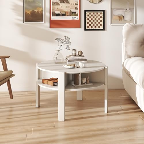 GIANTEX Round Coffee Table, Mid Century Modern Center Table (White) | 2-Tier Storage Shelves & 4 Side Compartments, Wood Coffee Table for Living Room, Small Spaces - color: White